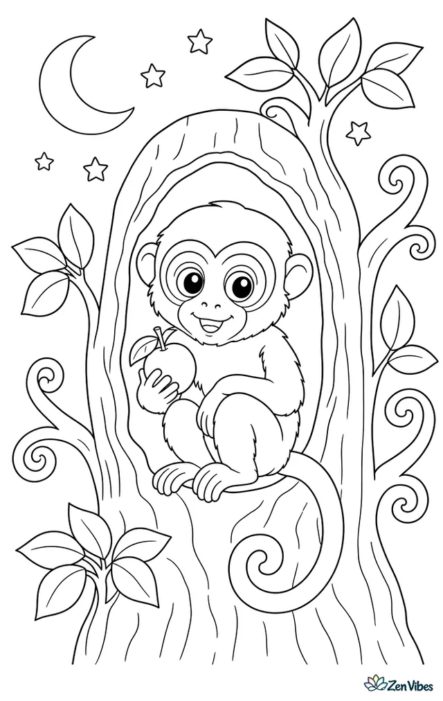 An owl monkey perches in a moonlit tree hollow, holding a fruit while stars, crescent moon, clustered leaves, and curling branches create a quiet nighttime forest scene.