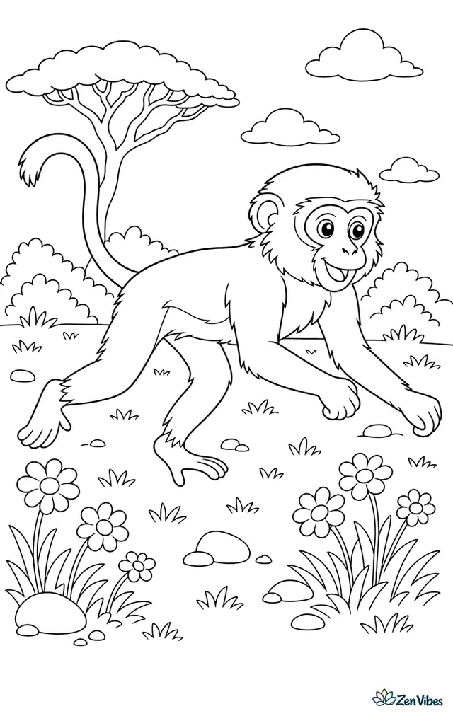 A patas monkey runs across an open grassy plain, passing wildflowers, scattered stones, low bushes, and an umbrella-shaped tree under a wide bright sky.