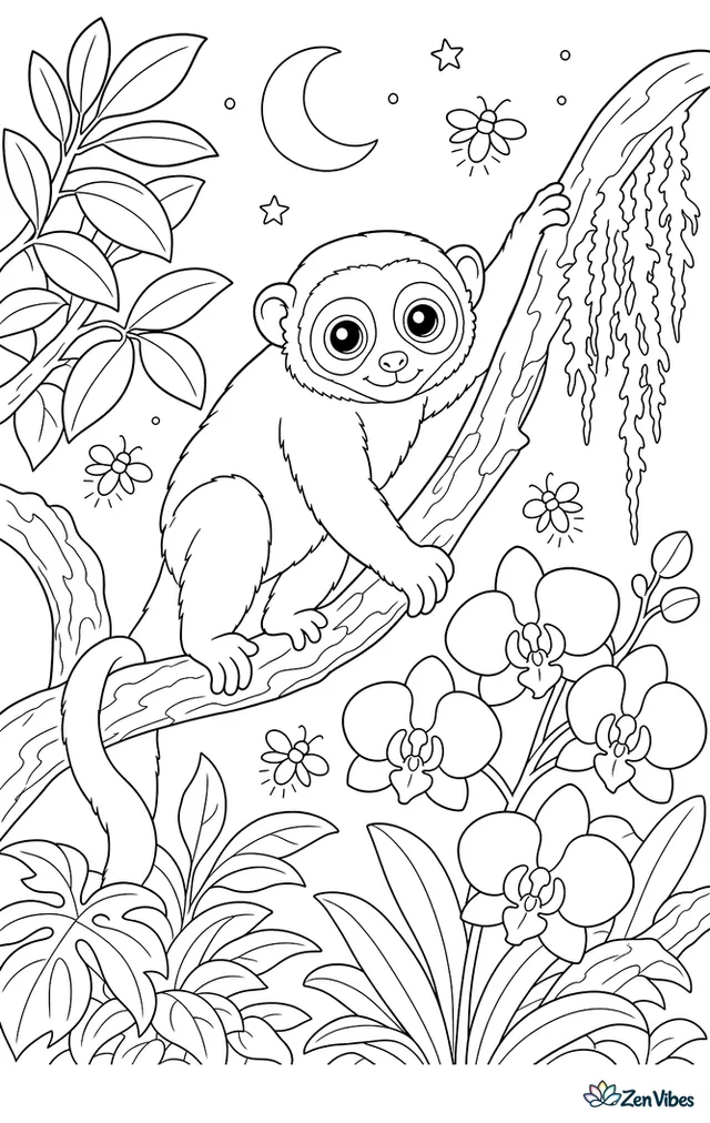 A northern night monkey climbs through branches near blooming orchids, pausing beside hanging moss while layered leaves, bark textures, and fireflies enliven the evening jungle scene.