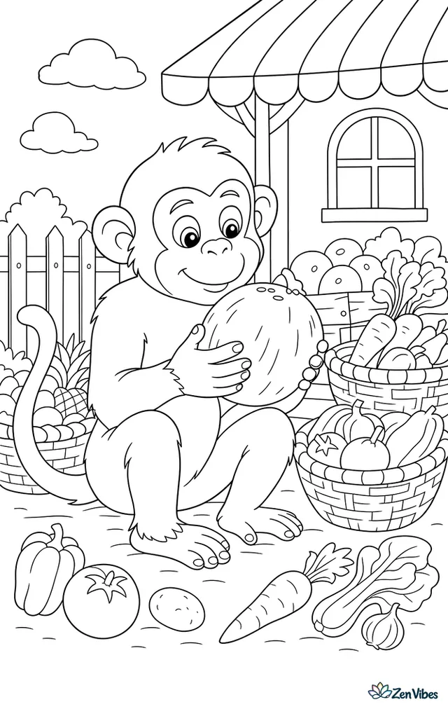 A bonnet macaque sits near a produce stall, inspecting a coconut while baskets, striped awning, wooden crates, and fallen vegetables form a bustling village market scene.