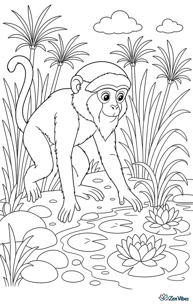 A De Brazza's monkey steps through tall papyrus reeds, looking toward a pond where lily flowers, smooth stones, and arching grasses fill the wet green scene.