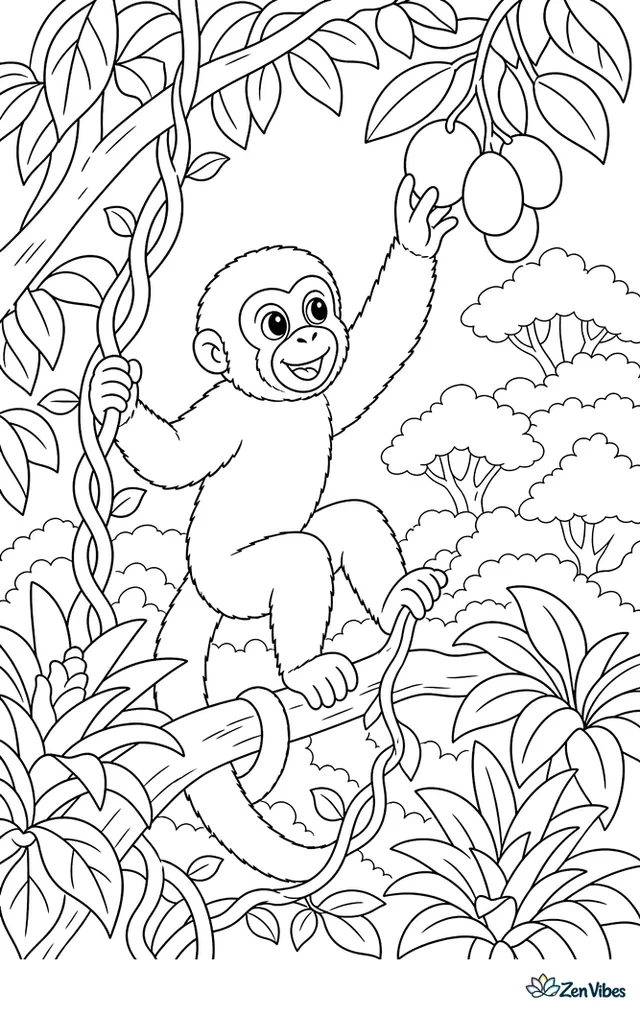 A woolly monkey reaches for hanging fruit in the canopy, surrounded by layered leaves, twisting vines, bromeliads, and distant treetops that add depth to the rainforest scene.