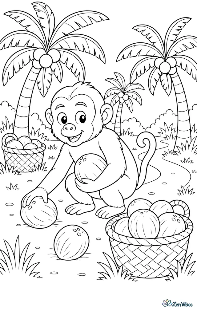 A southern pig-tailed macaque gathers fallen coconuts in a palm grove, with patterned fronds, woven baskets, grass clumps, and a narrow path crossing the plantation scene.