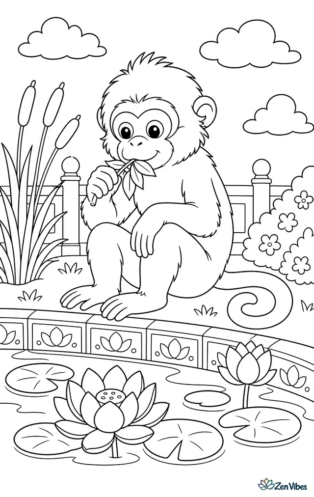 A dusky leaf monkey sits beside a lotus pond nibbling leaves, while lily pads, lotus blossoms, reeds, and carved stone edging create a serene garden scene.