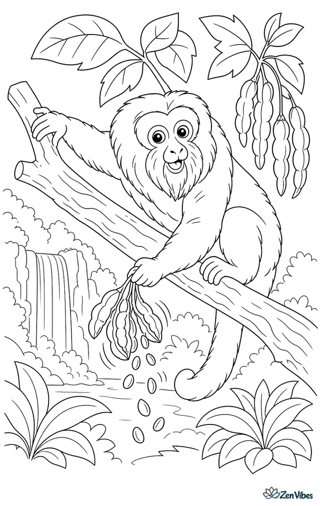 A bearded saki monkey clings to a branch, shaking loose seedpods while large leaves, dangling pods, bark textures, and a distant waterfall enrich the jungle backdrop.