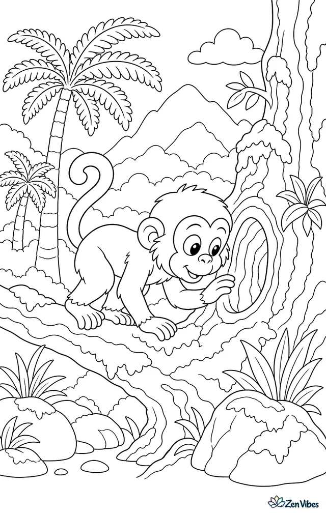 A samango monkey explores a mountain forest branch, peering into a hollow while tree ferns, mossy rocks, layered trunks, and misty hills build a cool woodland scene.