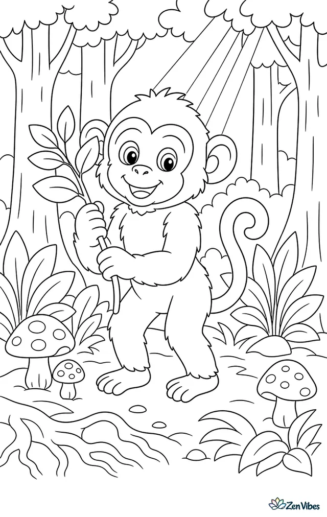 A lesula monkey stands in a forest glade holding a leafy stem, with broad plants, mushrooms, roots, and shafts of sunlight filtering between tall trees.