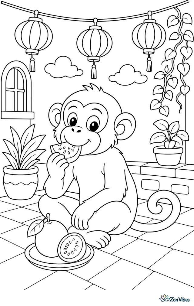 A mona monkey sits in a courtyard beneath hanging lanterns, nibbling guava while tiled paving, potted plants, a low wall, and trailing vines decorate the cozy scene.