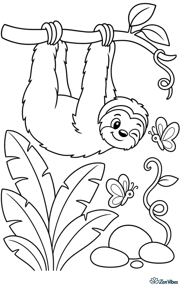 A brown-throated three-toed sloth hangs upside down from a low rainforest branch, blinking at butterflies while broad banana leaves, curling vines, and a few smooth river stones fill the calm jungle clearing.