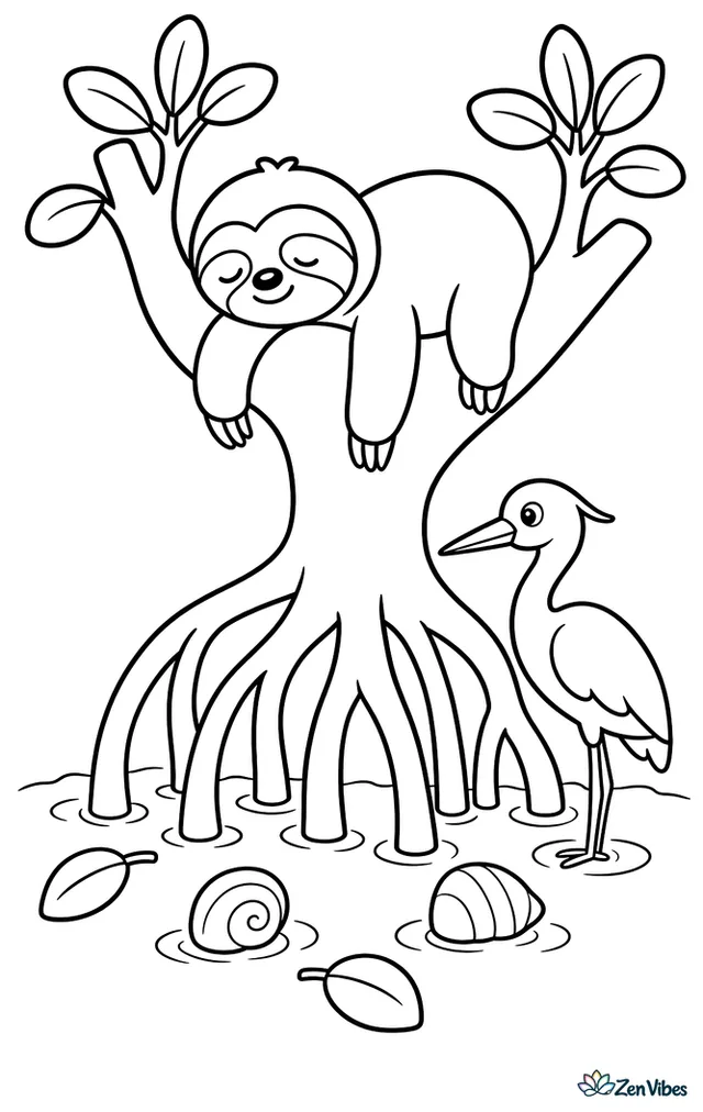 A pygmy three-toed sloth sleeps in a mangrove tree fork above shallow water, with dangling roots, round shells, floating leaves, and a small heron standing quietly nearby.