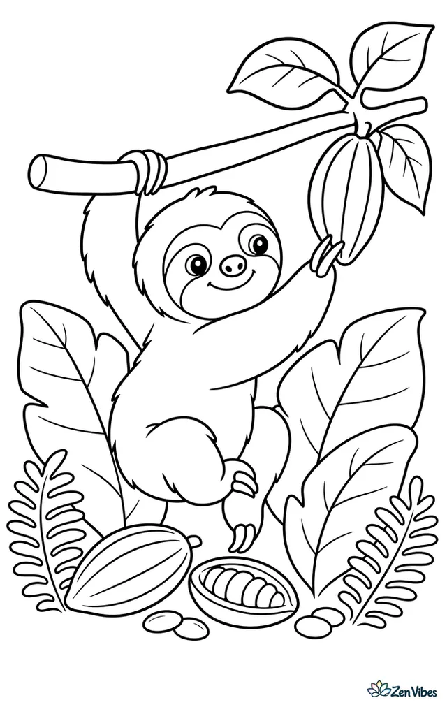 A Hoffmann's two-toed sloth reaches toward a cacao pod on a short branch, surrounded by large tropical leaves, fallen seed pods, and simple ferns on the forest floor.