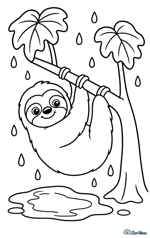 A Linnaeus's two-toed sloth clings to a branch during a light rain, with big raindrops, two umbrella-like philodendron leaves, a tree trunk, and a puddle below.
