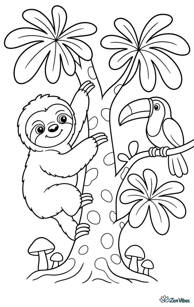 A brown-throated three-toed sloth slowly climbs a cecropia tree, reaching past hand-shaped leaves while a toucan watches from another branch and tiny mushrooms dot the bark below.