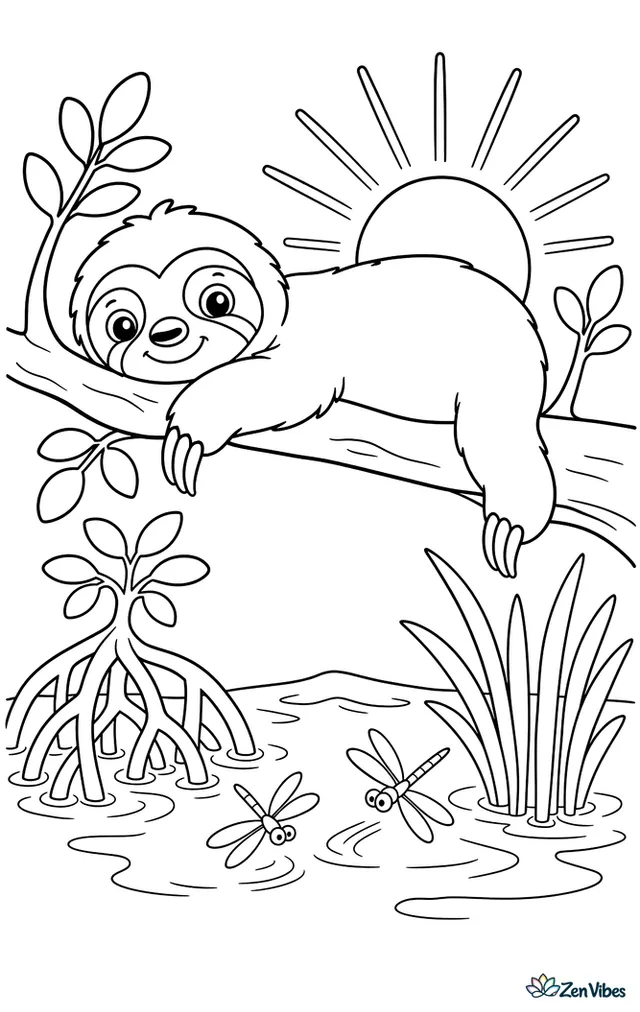 A pygmy three-toed sloth stretches across a mangrove branch at sunrise, above gentle ripples, tangled roots, reeds, and a pair of dragonflies skimming the quiet water.