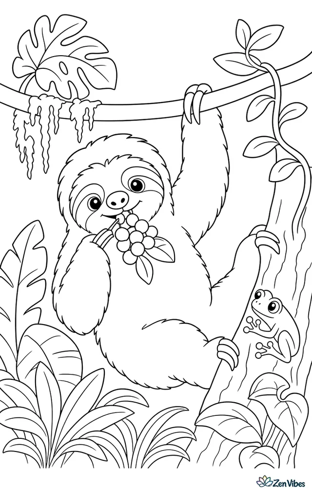 A Hoffmann's two-toed sloth nibbles a cluster of bright jungle berries, surrounded by layered leaves, hanging moss, a curved vine, and a curious tree frog on nearby bark.