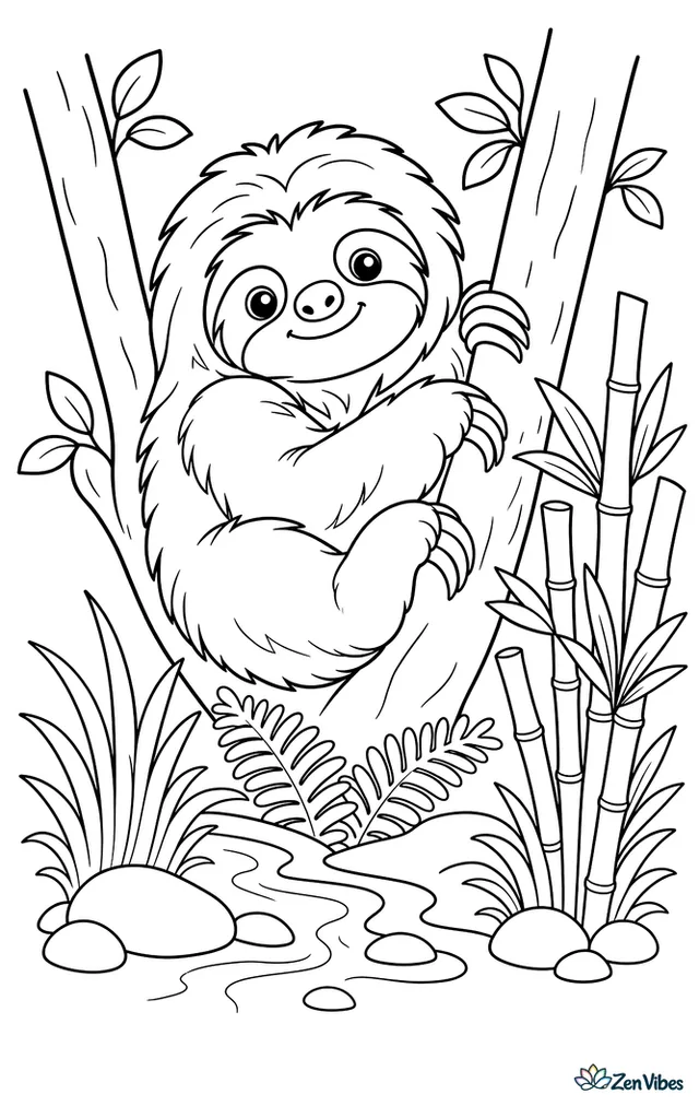 A maned sloth curls up between two sturdy branches beside a patch of bamboo, with long grass, fern fronds, smooth stones, and a small stream winding through the background.