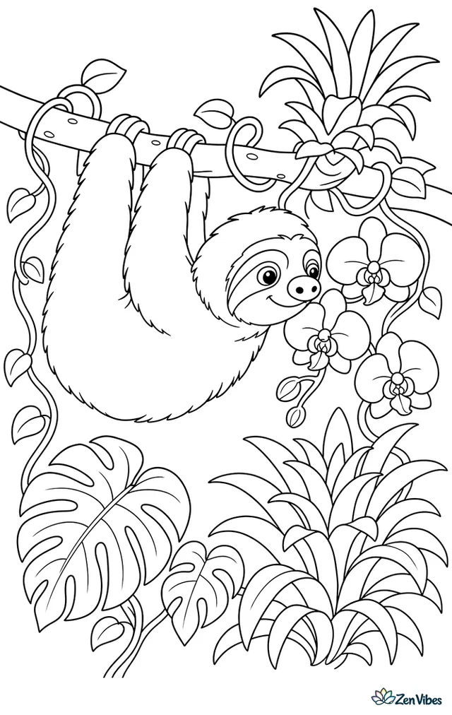A pale-throated three-toed sloth dangles from a flowering branch, nose close to wild orchids, while bromeliads, looping vines, and patterned leaves create a gentle rainforest canopy scene.
