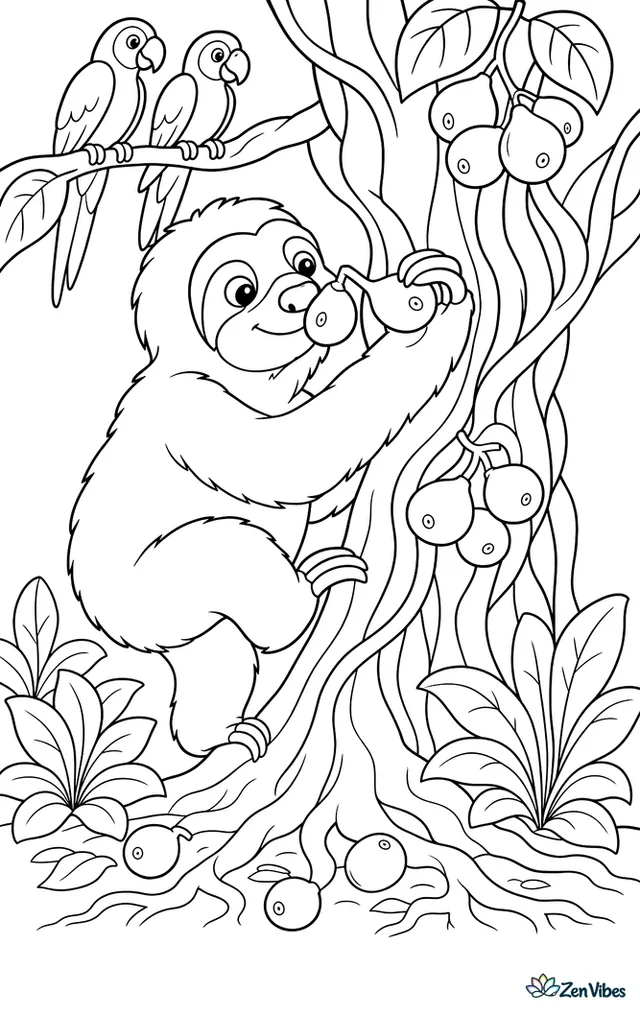 A Linnaeus's two-toed sloth climbs into a strangler fig tree, sniffing ripe fruit as parrots perch above and fallen figs, roots, and broad understory plants spread below.