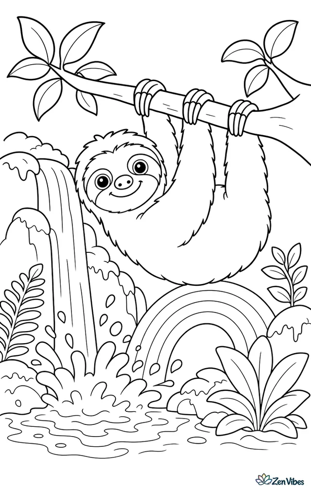 A brown-throated three-toed sloth hangs from a branch near a small waterfall, with splashing water, mossy rocks, ferns, and a rainbow arc forming in the mist.