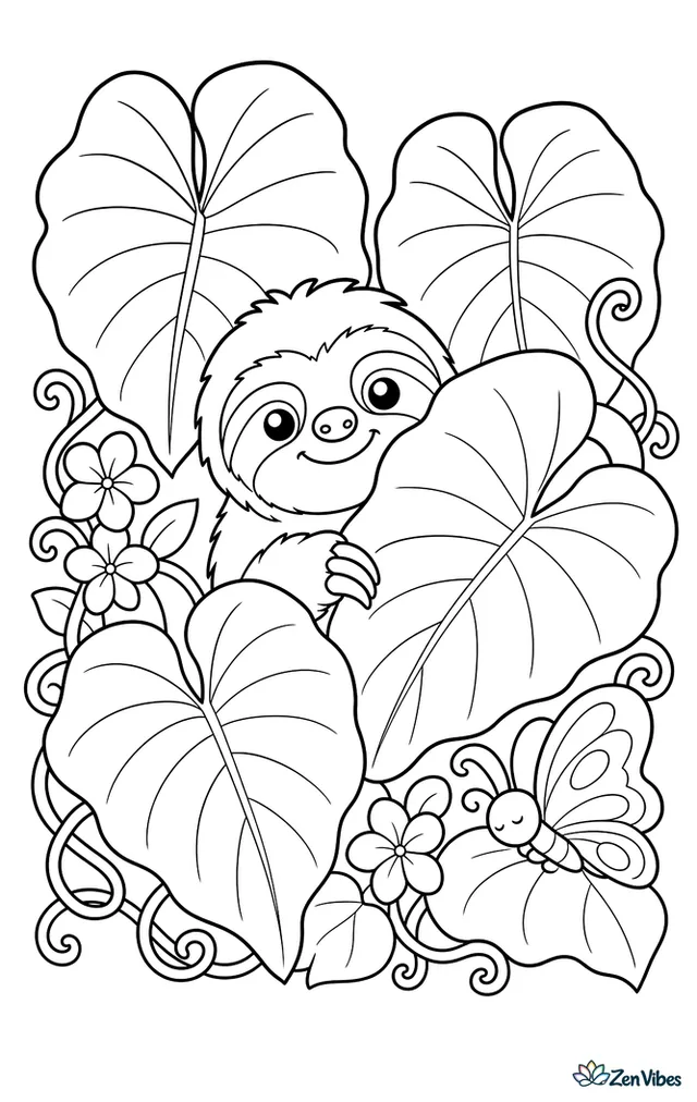 A Hoffmann's two-toed sloth peeks from a dense cluster of giant elephant ear leaves, while curled vines, small blossoms, and a sleeping butterfly rest in the shaded jungle corner.