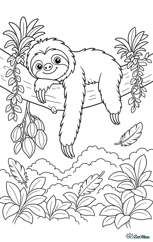 A maned sloth lounges across a sunlit branch, one paw dangling above layered treetops, with epiphytes, seed pods, and drifting feathers caught among the leaves.