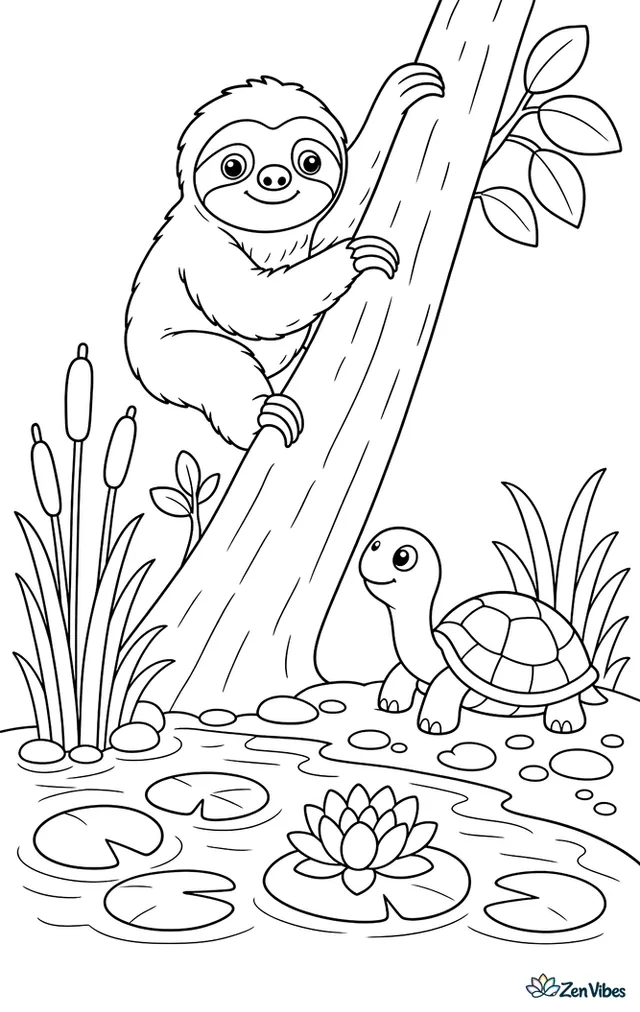 A pale-throated three-toed sloth descends a leaning tree above a riverbank, where reeds, lily pads, pebbles, and a patient turtle create a peaceful waterside setting.