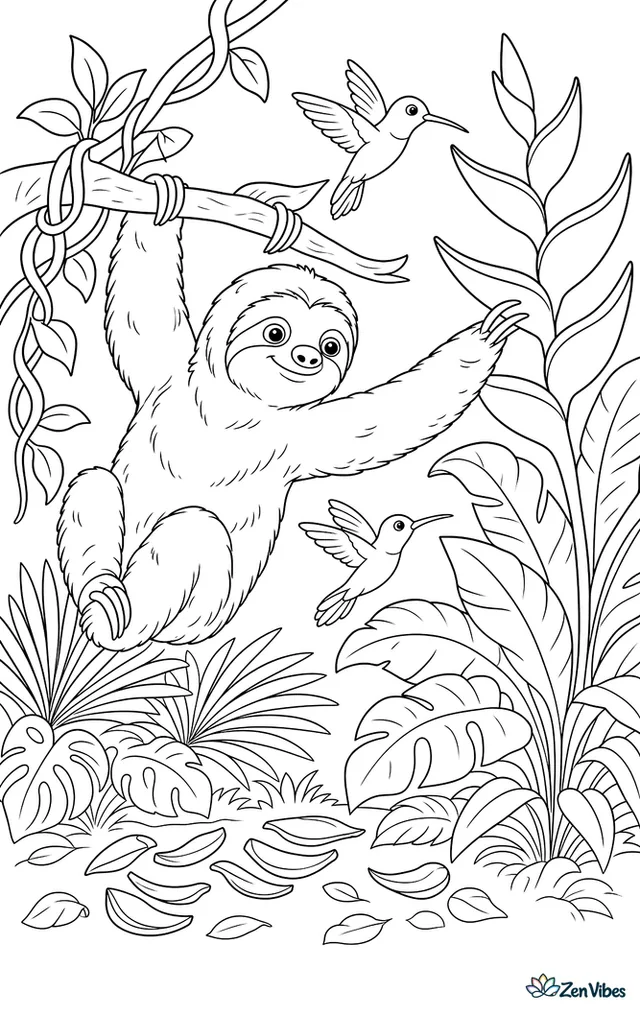 A brown-throated three-toed sloth reaches from a branch toward heliconia leaves, while hummingbirds hover nearby and layered palms, vines, and fallen petals fill the humid rainforest air.