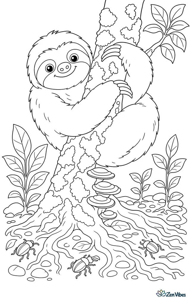A Hoffmann's two-toed sloth curls around a moss-covered trunk, resting above bracket fungi, leafy saplings, and a winding root path where beetles crawl through the shade.