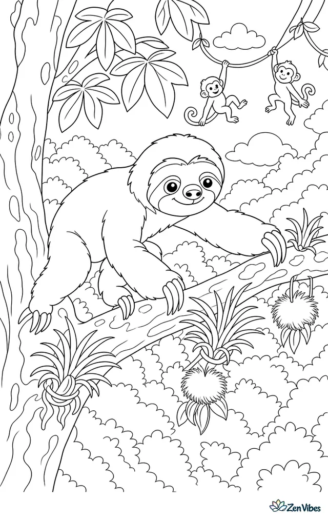 A pale-throated three-toed sloth carefully moves along a ceiba tree branch, passing air plants and seed tufts while monkeys swing far in the background over layered canopy leaves.