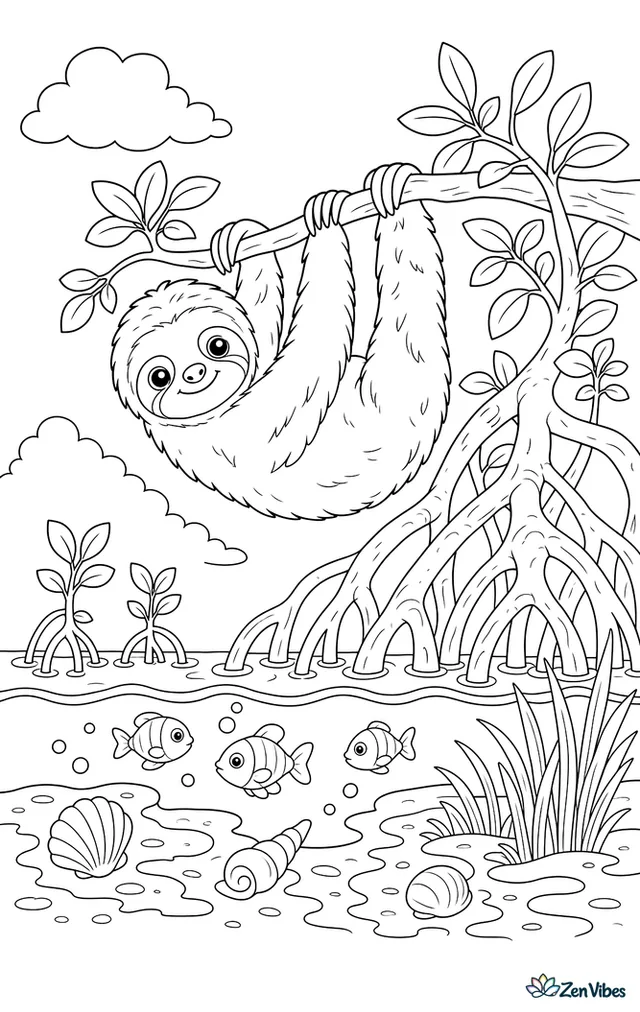 A pygmy three-toed sloth hangs above rising tidewater in a mangrove grove, with arching roots, tiny fish below, seashells, mud patterns, and shore grass along the edge.