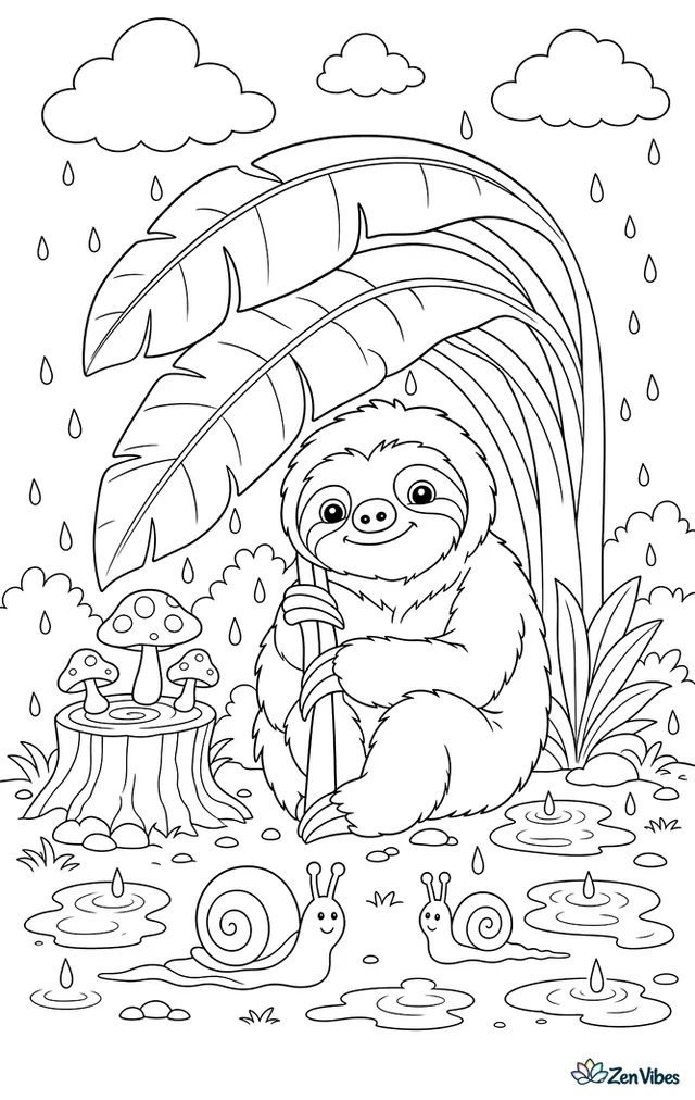 A Linnaeus's two-toed sloth shelters beneath overlapping banana leaves during a drizzle, while raindrops patter onto puddles, mushrooms sprout on a stump, and snails trail nearby.