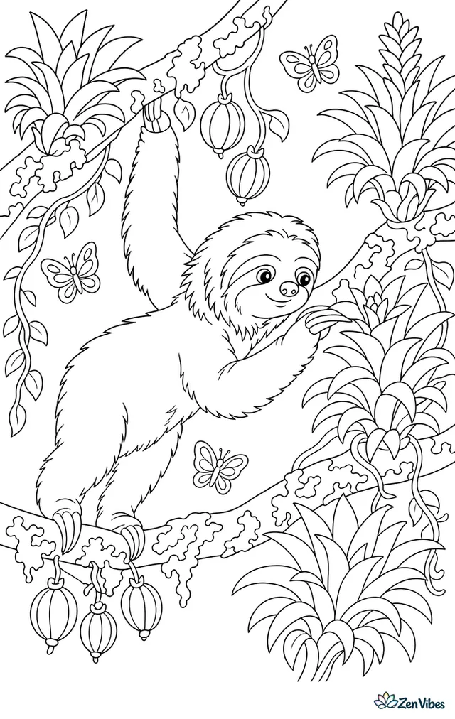 A maned sloth stretches between branches crowded with bromeliads, examining a blossom as butterflies flutter around and lichen, vines, and seed pods decorate the airy treetop.