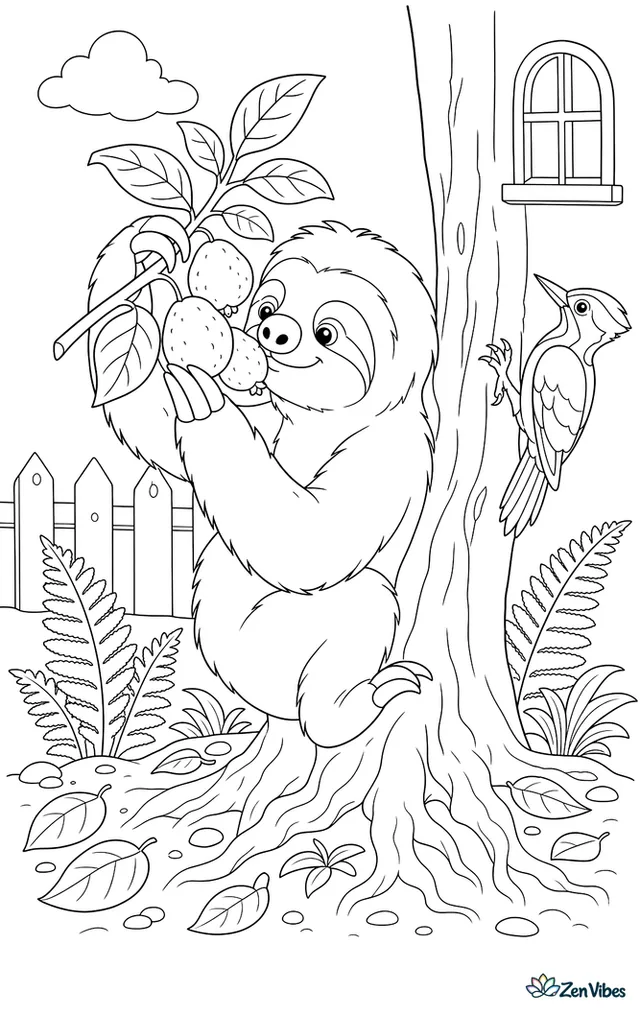 A Hoffmann's two-toed sloth pulls a guava branch closer, sniffing ripe fruit while a woodpecker clings to the trunk and ferns, roots, and scattered leaves surround the base.