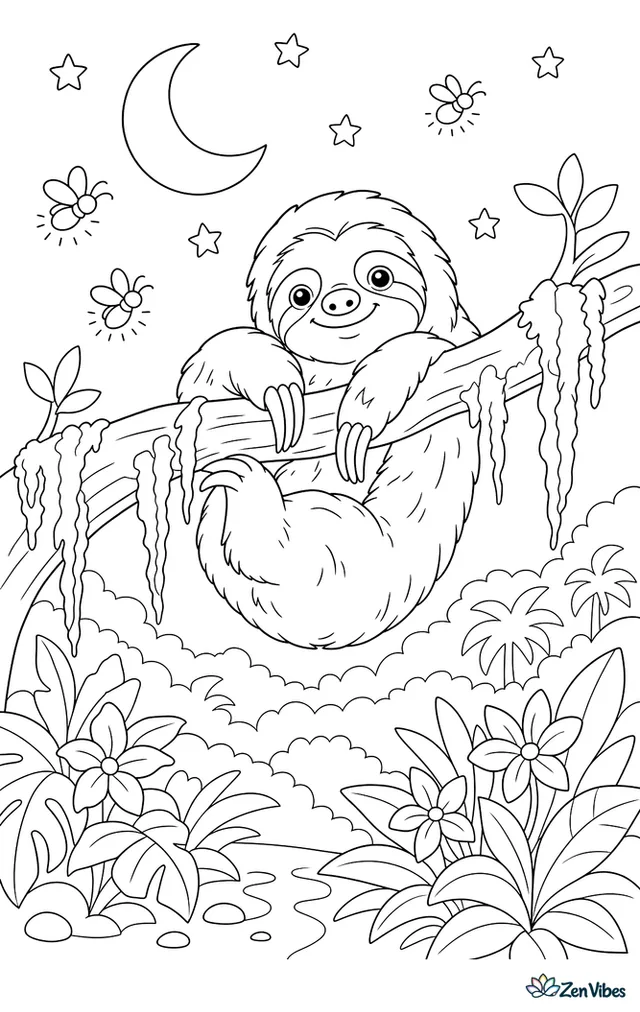 A Linnaeus's two-toed sloth rests on a branch under a crescent moon, with glowing fireflies, dangling moss, star-shaped flowers, and layered jungle silhouettes fading into the night.