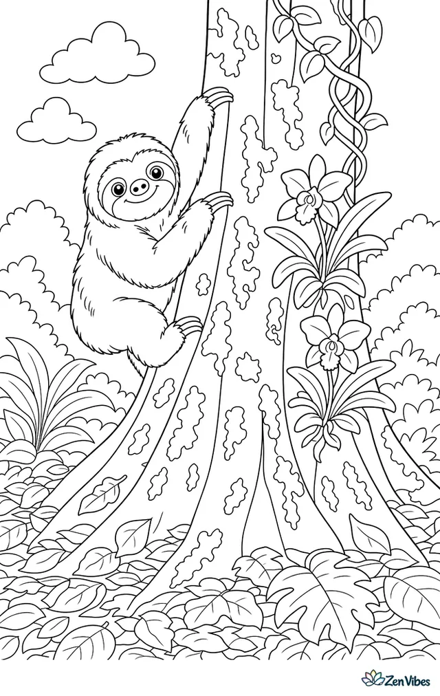 A brown-throated three-toed sloth climbs the buttressed trunk of a kapok tree, passing orchids and lichen while vines twist upward and leaf litter covers the forest floor.