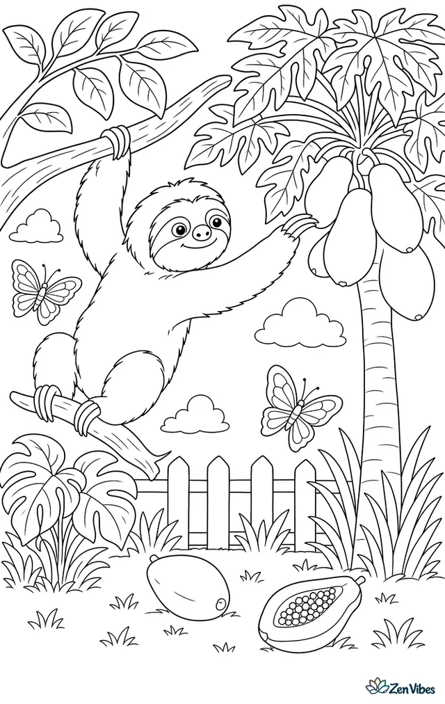 A pale-throated three-toed sloth reaches toward a papaya tree from a neighboring branch, while broad leaves, fallen fruit, grasses, and a pair of butterflies frame the scene.