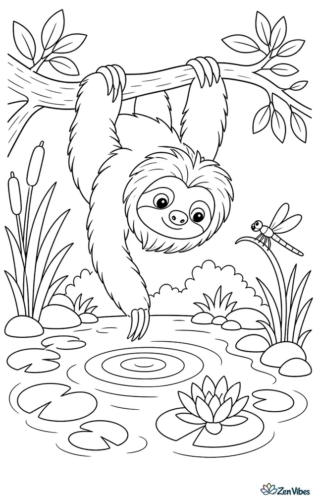 A maned sloth hangs low over a forest pond, watching ripples spread past lily pads, reeds, smooth stones, and a dragonfly perched on a curved stem.