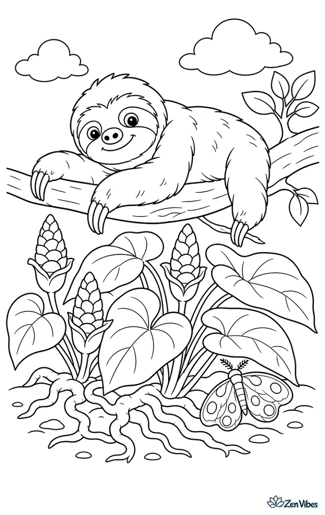 A Hoffmann's two-toed sloth moves along a branch above wild ginger plants, with cone-shaped flowers, broad leaves, twisting roots, and a spotted moth resting under the foliage.