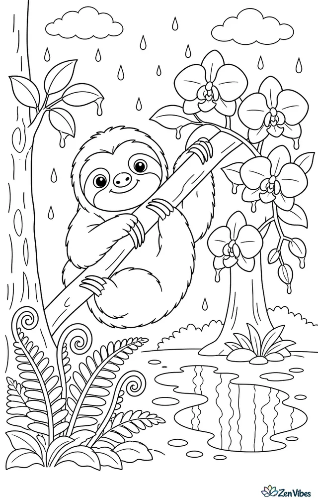A brown-throated three-toed sloth clings to a flowering limb during a soft shower, while orchids drip with water, ferns unfurl below, and puddles reflect nearby trunks.