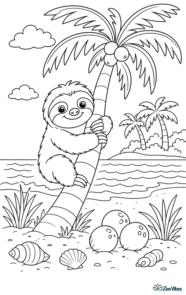 A pygmy three-toed sloth hugs a leaning coconut palm near the shore, with fallen coconuts, dune grass, shells, and gentle waves rolling behind the island trees.