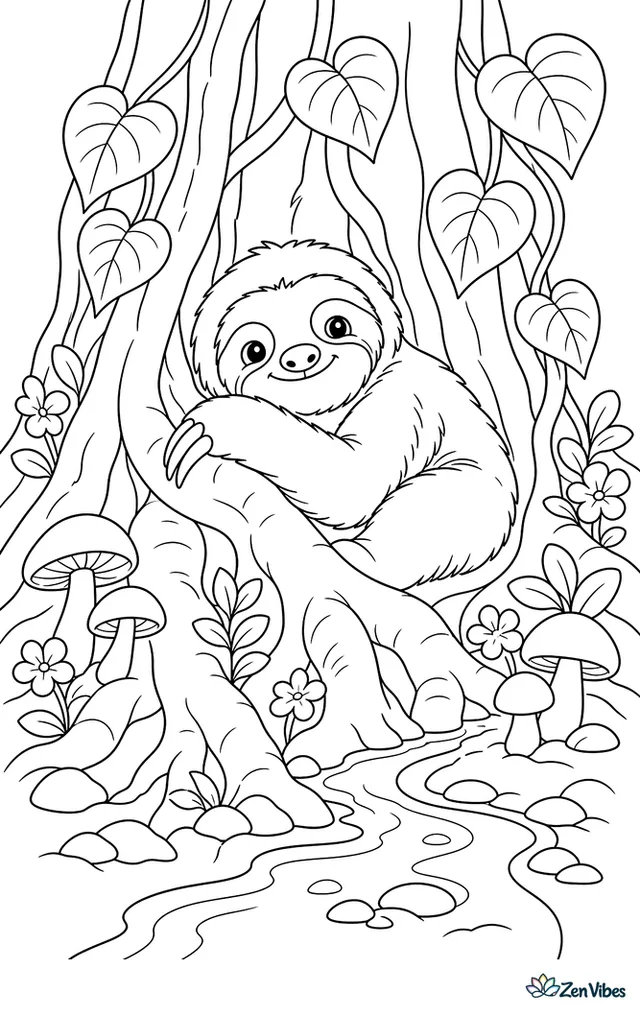 A Linnaeus's two-toed sloth nestles among thick fig roots at the base of a tree, surrounded by mushrooms, heart-shaped leaves, tiny flowers, and a winding streamlet.
