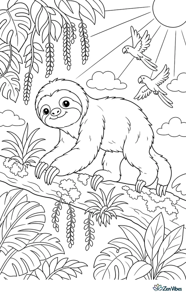 A pale-throated three-toed sloth crosses a branch lit by sunbeams, stepping past air plants and moss while distant parrots, layered foliage, and seed tassels fill the canopy.