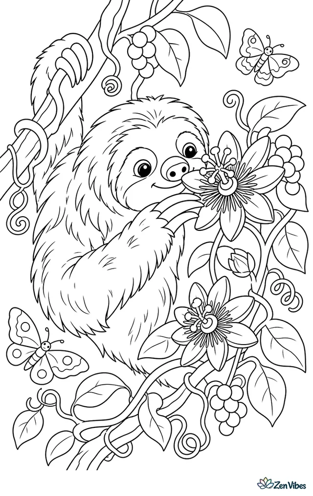 A maned sloth reaches through passionflower vines, nosing open blossoms while tendrils curl around branches and dense leaves, berries, and fluttering moths enrich the forest scene.
