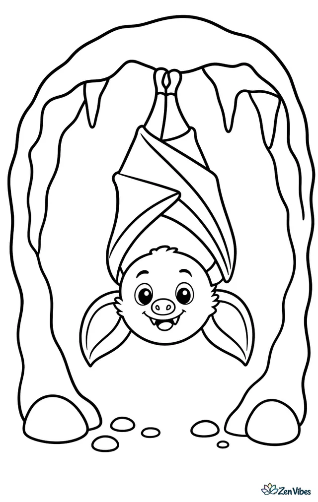 A little brown bat hangs upside down from a cave ledge, wrapped partly in its wings, with smooth rock walls, tiny stalactites, and a few pebbles scattered below.