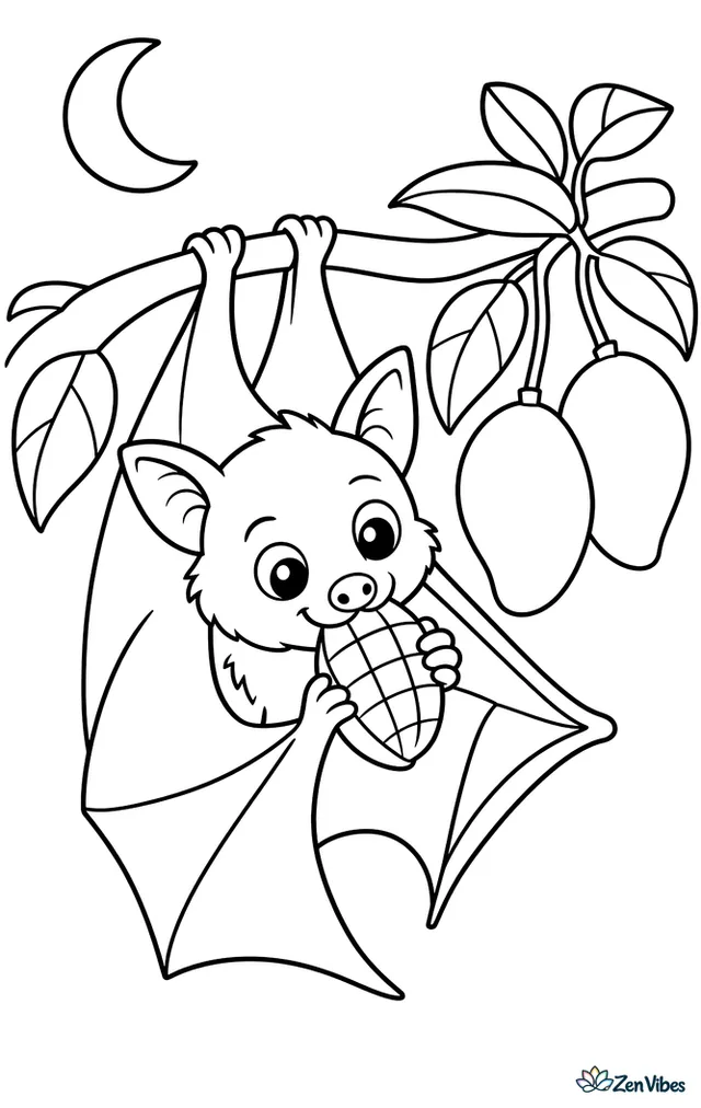 A large flying fox clings to a mango tree branch, nibbling a sliced mango, with broad leaves, two hanging fruits, and a simple moonlit sky behind.