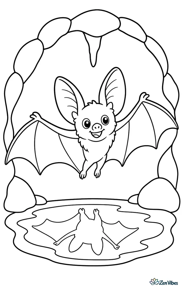 A Townsend's big-eared bat glides gently through a quiet cave passage, with rounded stone walls, one arching stalactite, and a small puddle reflecting its shape.