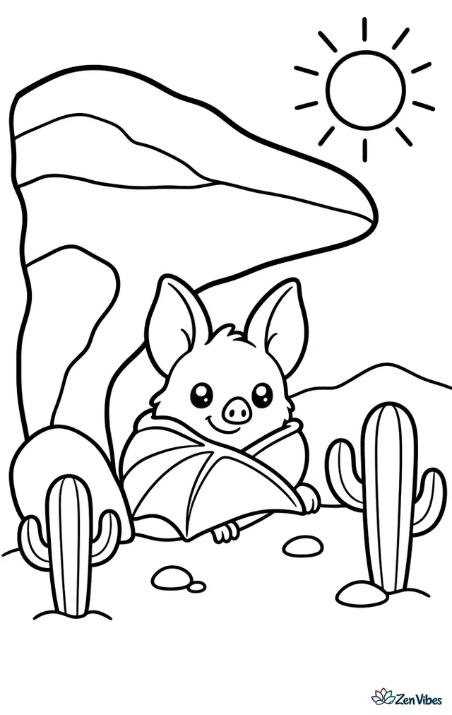 A pallid bat rests beneath a desert rock overhang, ears upright and wings folded, with two cacti, sandy ground, and a bright sun over distant low hills.
