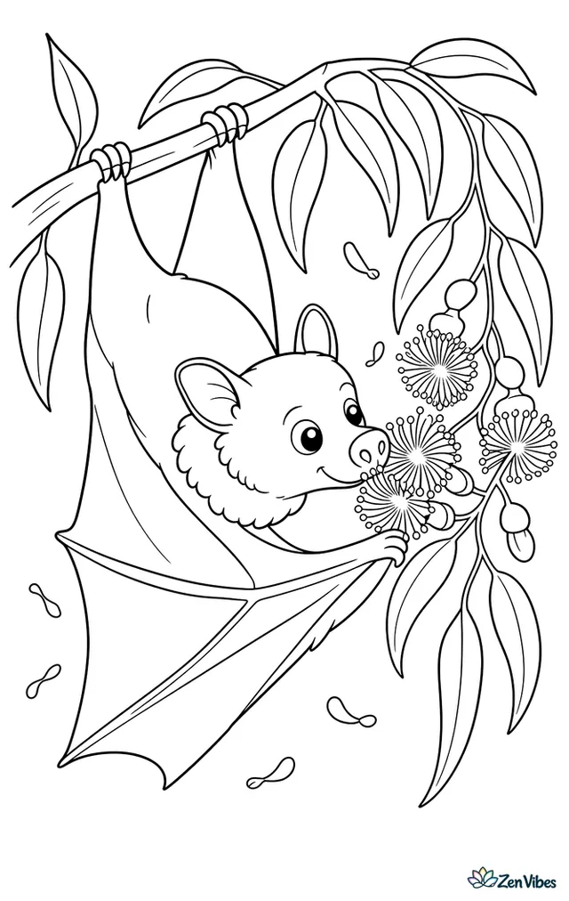 A gray-headed flying fox stretches along a eucalyptus branch, sniffing blossoms, with gum leaves, clustered flowers, and a few drifting petals in the air.