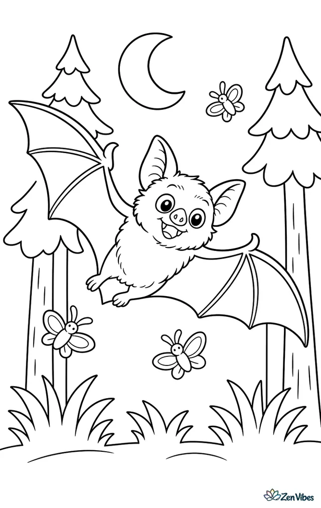 A hoary bat flutters above a pine clearing at twilight, chasing moths, with tall tree trunks, a crescent moon, and tufts of grass below.
