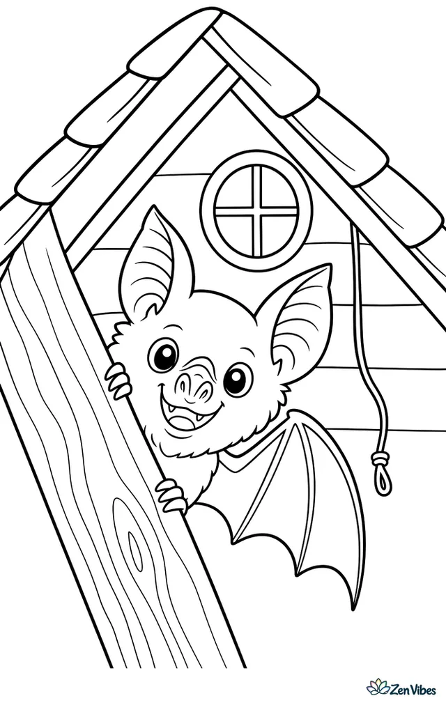 A wrinkle-lipped free-tailed bat perches inside a warm attic nook, peeking past a wooden beam, with roof shingles, a round window, and a dangling string.
